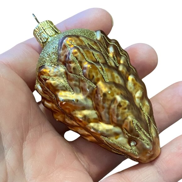 Czechoslovakia blown glass glittery pinecone Christmas tree ornament gold brown - Picture 2 of 6